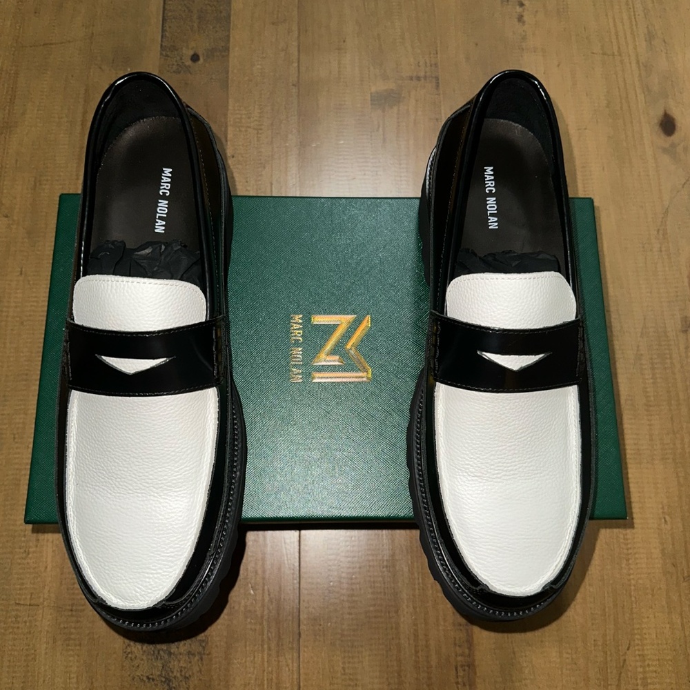 MARC NOLAN Men's Adler Black/White Leather Lug Penny Loafers (nib)